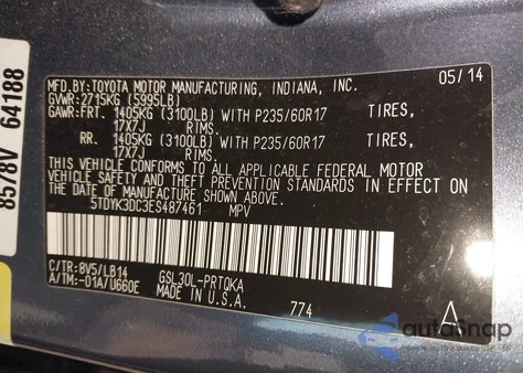 2014 Toyota Sienna Xle из США, поврежденный, VIN 5TDYK3DC3ES487461